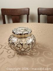 MaxSold Auction: Glass Vanity Jar with Silverplate Filigree Overlay Lid - Ajax (Ontario, Canada) SELLER MANAGED Estate Sale Online Auction - Billingsgate Crescent