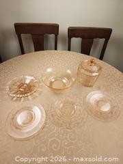 MaxSold Auction: Lot 9 pieces of pink depression glass 7 Macbeth-Evans "Dogwood" Pink and 2 Vintage Anchor Hocking Glass Pink Mayfair Rose Floral Biscuit Jar with Lid - Ajax (Ontario, Canada) SELLER MANAGED Estate Sale Online Auction - Billingsgate Crescent