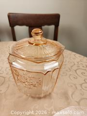MaxSold Auction: Lot 9 pieces of pink depression glass 7 Macbeth-Evans "Dogwood" Pink and 2 Vintage Anchor Hocking Glass Pink Mayfair Rose Floral Biscuit Jar with Lid - Ajax (Ontario, Canada) SELLER MANAGED Estate Sale Online Auction - Billingsgate Crescent