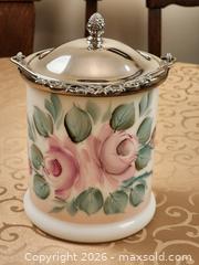 MaxSold Auction: Stunning Vintage Milk Glass Biscuit Barrel Cabbage Roses with Silver Plated Lid - Ajax (Ontario, Canada) SELLER MANAGED Estate Sale Online Auction - Billingsgate Crescent