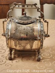 MaxSold Auction: Victorian Silver Plated Biscuit Barrel. For Storing English Tea Biscuits c1890  - Ajax (Ontario, Canada) SELLER MANAGED Estate Sale Online Auction - Billingsgate Crescent