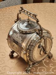 MaxSold Auction: Victorian Silver Plated Biscuit Barrel. For Storing English Tea Biscuits c1890  - Ajax (Ontario, Canada) SELLER MANAGED Estate Sale Online Auction - Billingsgate Crescent