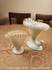 MaxSold Auction: Vintage Fenton Milk Glass Items: Silver Crest Cornucopia & Rose Crest Fan Vase - Ajax (Ontario, Canada) SELLER MANAGED Estate Sale Online Auction - Billingsgate Crescent