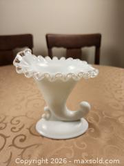 MaxSold Auction: Vintage Fenton Milk Glass Items: Silver Crest Cornucopia & Rose Crest Fan Vase - Ajax (Ontario, Canada) SELLER MANAGED Estate Sale Online Auction - Billingsgate Crescent