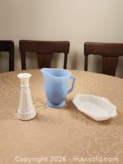 MaxSold Auction: Vintage Pyrex Blue Pitcher 1940s, Anchor Hocking Milk Glass Dish Criss-Cross pattern & Bud Vase Stars and Bars 1960s - Ajax (Ontario, Canada) SELLER MANAGED Estate Sale Online Auction - Billingsgate Crescent