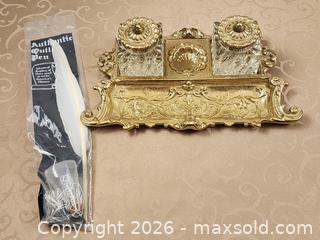 MaxSold Auction: Vintage Virginia Metalcrafters Brass Desk Set, Glass Inkwells, Art Nouveau & Authentic Quill Pen - Ajax (Ontario, Canada) SELLER MANAGED Estate Sale Online Auction - Billingsgate Crescent