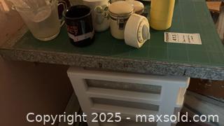 MaxSold Auction: L-Shaped Work/Craft Table, Laminate Top, Solid Wood Legs - Randolph (Massachusetts, USA) PARTNER MANAGED Estate Sale Online Auction - Chestnut Street