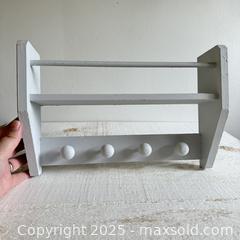 MaxSold Auction: Light Blue Gray Painted Wooden Shelf with Knob Hooks - Farmhouse Kitchen Wood Shelf - Spice Shelf - Kingston (Ontario, Canada) SELLER MANAGED Downsizing Online Auction - Bishop Street