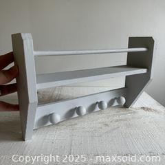 MaxSold Auction: Light Blue Gray Painted Wooden Shelf with Knob Hooks - Farmhouse Kitchen Wood Shelf - Spice Shelf - Kingston (Ontario, Canada) SELLER MANAGED Downsizing Online Auction - Bishop Street