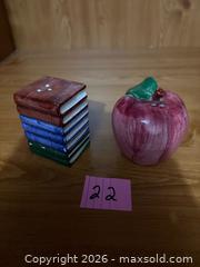 MaxSold Auction: Stack Of Books & Apple (teachers) Salt & Pepper Shakers - Kingston (Ontario, Canada) SELLER MANAGED Downsizing Online Auction - Steve Fonyo Drive (STORAGE)