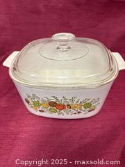 MaxSold Auction: Pyrex Covered Casserole Dish with Fruit &#38; Vegetable Motif, Lid - Renfrew (Ontario, Canada) SELLER MANAGED Downsizing Online Auction - Plaunt Street South