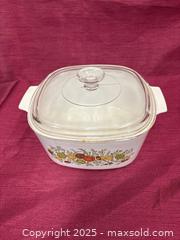 MaxSold Auction: Pyrex Covered Casserole Dish with Fruit &#38; Vegetable Motif, Lid - Renfrew (Ontario, Canada) SELLER MANAGED Downsizing Online Auction - Plaunt Street South