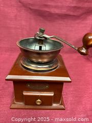 MaxSold Auction: Vintage Wooden Manual Coffee Grinder with Brass Accents - Renfrew (Ontario, Canada) SELLER MANAGED Downsizing Online Auction - Plaunt Street South