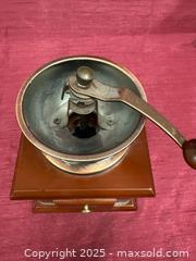 MaxSold Auction: Vintage Wooden Manual Coffee Grinder with Brass Accents - Renfrew (Ontario, Canada) SELLER MANAGED Downsizing Online Auction - Plaunt Street South