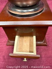 MaxSold Auction: Vintage Wooden Manual Coffee Grinder with Brass Accents - Renfrew (Ontario, Canada) SELLER MANAGED Downsizing Online Auction - Plaunt Street South
