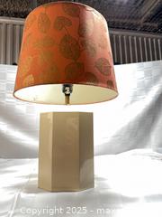 MaxSold Auction: Cream Ceramic Table Lamp with Coral Drum Shade &#38; Gold Pattern - Toronto (Ontario, Canada) SELLER MANAGED Estate Sale Online Auction - Esander Drive (STORAGE)