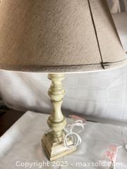 MaxSold Auction: Cream Turned Wood Table Lamp with Tan Woven Fabric Shade - Toronto (Ontario, Canada) SELLER MANAGED Estate Sale Online Auction - Esander Drive (STORAGE)