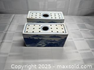 MaxSold Auction: Pair of Blue &#38; White Porcelain Rectangular Flower Frogs - Toronto (Ontario, Canada) SELLER MANAGED Estate Sale Online Auction - Esander Drive (STORAGE)