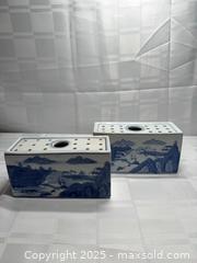 MaxSold Auction: Pair of Blue &#38; White Porcelain Rectangular Flower Frogs - Toronto (Ontario, Canada) SELLER MANAGED Estate Sale Online Auction - Esander Drive (STORAGE)