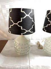 MaxSold Auction: Pair of White Glass Table Lamps with Black &#38; White Geometric Shades - Toronto (Ontario, Canada) SELLER MANAGED Estate Sale Online Auction - Esander Drive (STORAGE)
