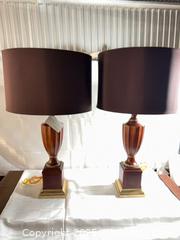 MaxSold Auction: Pair of Wood Table Lamps with Brass Trim and Dark Shades - Toronto (Ontario, Canada) SELLER MANAGED Estate Sale Online Auction - Esander Drive (STORAGE)