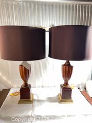 MaxSold Auction: Pair of Wood Table Lamps with Brass Trim and Dark Shades - Toronto (Ontario, Canada) SELLER MANAGED Estate Sale Online Auction - Esander Drive (STORAGE)