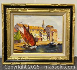 MaxSold Auction: Vintage Framed Signed Spanish Boats Painting on Canvas By Lin Petuniak - Richmond Hill (Ontario, Canada) SELLER MANAGED Reseller Online Auction - Highway 7 East (Shoppes Of The Parkway)