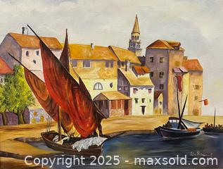 MaxSold Auction: Vintage Framed Signed Spanish Boats Painting on Canvas By Lin Petuniak - Richmond Hill (Ontario, Canada) SELLER MANAGED Reseller Online Auction - Highway 7 East (Shoppes Of The Parkway)
