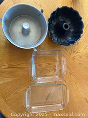 MaxSold Auction: Pyrex &#38; Anchor Hocking Glass Bakeware + 2 Metal Cake Pans, 4pc - Trent Hills (Ontario, Canada)  PARTNER MANAGED Estate Sale Online Auction -  Trent River Road