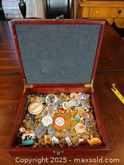 MaxSold Auction: Wooden Box + contents - Pins and more - Saanich (British Columbia, Canada) SHORT NOTICE SELLER MANAGED Estate Sale Online Auction - Shelbourne Street