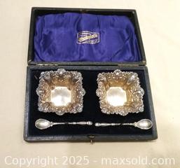 MaxSold Auction: Antique gold washed sterling silver salts and pair continental 835 silver salt spoons - Toronto (Ontario, Canada) SELLER MANAGED Downsizing Online Auction - Floyd Avenue