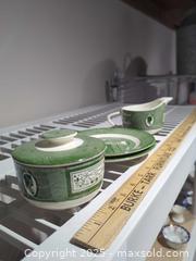 MaxSold Auction: Vintage Green Transferware Dish Lot, 4 Pcs: Cup/Sugar, Plates, Bowl - Warwick (Rhode Island, USA) SELLER MANAGED Reseller Online Auction - Warwick Avenue