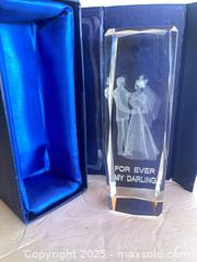 MaxSold Auction: 3D Laser-Etched Crystal Keepsake with Bride &#38; Groom, 2x2x6 in - White Rock (British Columbia, Canada) SELLER MANAGED Downsizing Online Auction - Prospect Avenue