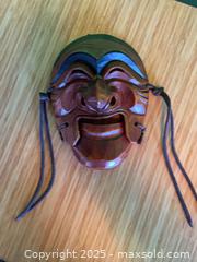 MaxSold Auction: Hand-Carved Wooden Face Mask, Reddish-Brown, Hanger &#38; Ties - White Rock (British Columbia, Canada) SELLER MANAGED Downsizing Online Auction - Prospect Avenue