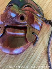 MaxSold Auction: Hand-Carved Wooden Face Mask, Reddish-Brown, Hanger &#38; Ties - White Rock (British Columbia, Canada) SELLER MANAGED Downsizing Online Auction - Prospect Avenue