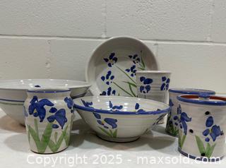MaxSold Auction: Hand-Painted Blue Iris Pottery Dining &#38; Servingware Lot (7 Pieces) - New Westminster (British Columbia, Canada) SELLER MANAGED Reseller Online Auction - Columbia Street