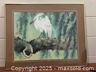 MaxSold Auction: Original Signed Framed Watercolor Painting of White Heron on Branch – Asian Style Art - New Westminster (British Columbia, Canada) SELLER MANAGED Reseller Online Auction - Columbia Street