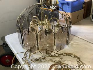 MaxSold Auction: Mid-Century Twelve (12) Sided Brass &#38; Cut Smokey Glass Sided Chandelier / Hanging Lamp - Ajax (Ontario, Canada) SELLER MANAGED Reseller Online Auction - Pickering Beach Road