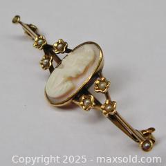 MaxSold Auction: Edwardian 14k Gold Seed Pearl Cameo Bar Pin - Aurora (Ontario, Canada) PARTNER MANAGED Downsizing Online Auction - Murray Drive