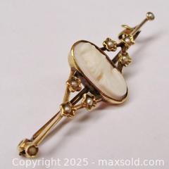 MaxSold Auction: Edwardian 14k Gold Seed Pearl Cameo Bar Pin - Aurora (Ontario, Canada) PARTNER MANAGED Downsizing Online Auction - Murray Drive