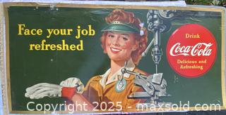 MaxSold Auction: 1943 Coca-Cola Cardboard Sign “Rosie the Riveter&#34; style World War II era sign  &#34;Face Your Job Refreshed&#34; 57 x 27” - Kingston (Ontario, Canada) SELLER MANAGED Estate Sale Online Auction - Monterey Court