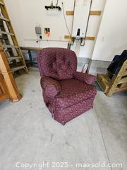 MaxSold Auction: Manual Recliner Armchair, Burgundy Jacquard Damask Fabric - Chesapeake (Virginia, USA) PARTNER MANAGED Downsizing Online Auction - River Arch Drive