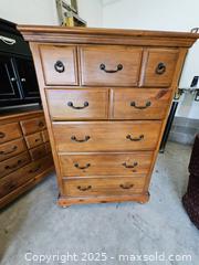 MaxSold Auction: Tall Wood Highboy Dresser, 5-Drawer, Honey-Brown Finish - Chesapeake (Virginia, USA) PARTNER MANAGED Downsizing Online Auction - River Arch Drive