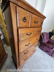 MaxSold Auction: Tall Wood Highboy Dresser, 5-Drawer, Honey-Brown Finish - Chesapeake (Virginia, USA) PARTNER MANAGED Downsizing Online Auction - River Arch Drive