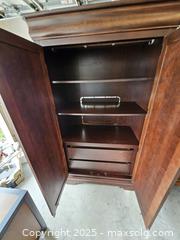 MaxSold Auction: Traditional Wood Media Armoire/TV Cabinet, Dark Brown - Chesapeake (Virginia, USA) PARTNER MANAGED Downsizing Online Auction - River Arch Drive