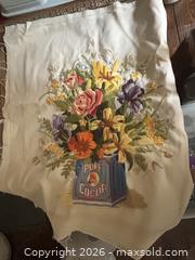 MaxSold Auction: Embroidered Floral Sampler in 'Pure Cocoa' Tin Motif, approx. 24 x 30 in - Hamilton (Ontario, Canada) SELLER MANAGED Downsizing Online Auction - Cameron Avenue South