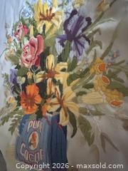 MaxSold Auction: Embroidered Floral Sampler in 'Pure Cocoa' Tin Motif, approx. 24 x 30 in - Hamilton (Ontario, Canada) SELLER MANAGED Downsizing Online Auction - Cameron Avenue South