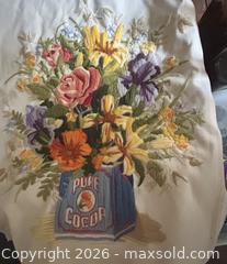 MaxSold Auction: Embroidered Floral Sampler in 'Pure Cocoa' Tin Motif, approx. 24 x 30 in - Hamilton (Ontario, Canada) SELLER MANAGED Downsizing Online Auction - Cameron Avenue South