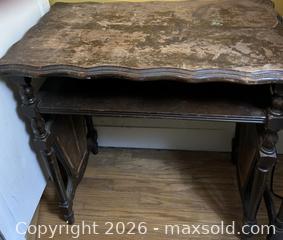 MaxSold Auction: Traditional Dark Brown Wood Console Table with Turned Legs - Hamilton (Ontario, Canada) SELLER MANAGED Downsizing Online Auction - Cameron Avenue South