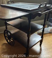 MaxSold Auction: Wooden Rolling Tea/Serving Cart with Decorative Spoked Wheels - Hamilton (Ontario, Canada) SELLER MANAGED Downsizing Online Auction - Cameron Avenue South